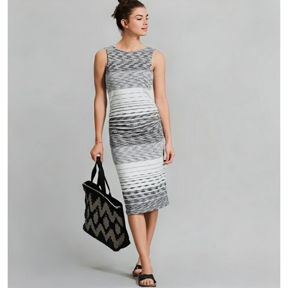 Athleta Santorini Ruched Midi Dress Women's MT Black White Striped Space Dye